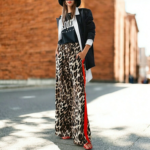 HOT! Leopard Print Wide-Leg Pants with Red Stripe (Multiple Sizes Available) - Picture 2 of 14